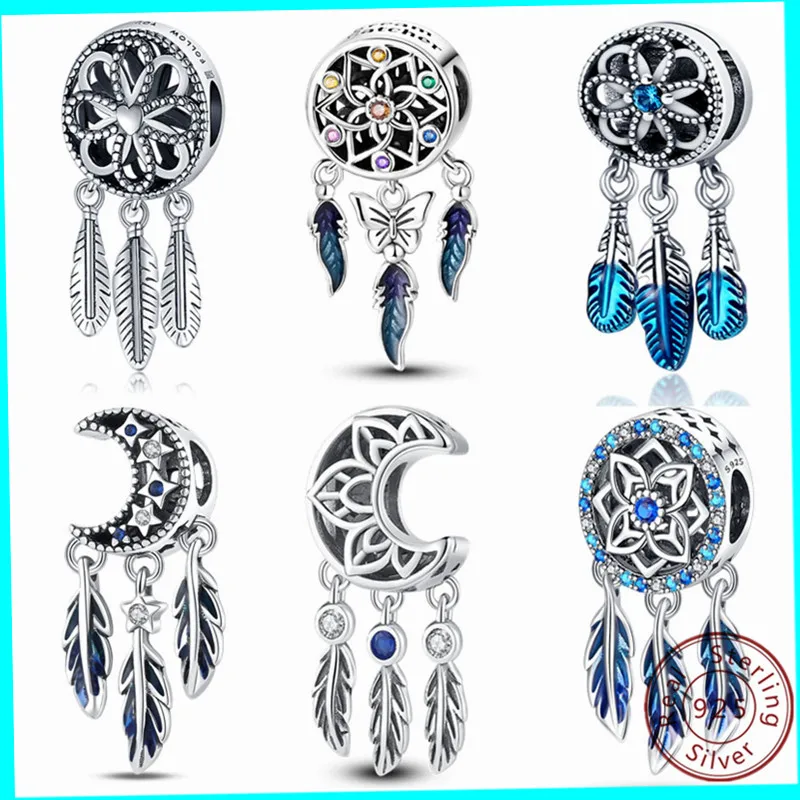 

100% Sterling Silver Charms Fit Pandora 925 Original Bracelet Feather Dreamcatcher Tassel Charms Zircon DIY Beads Jewelry Making