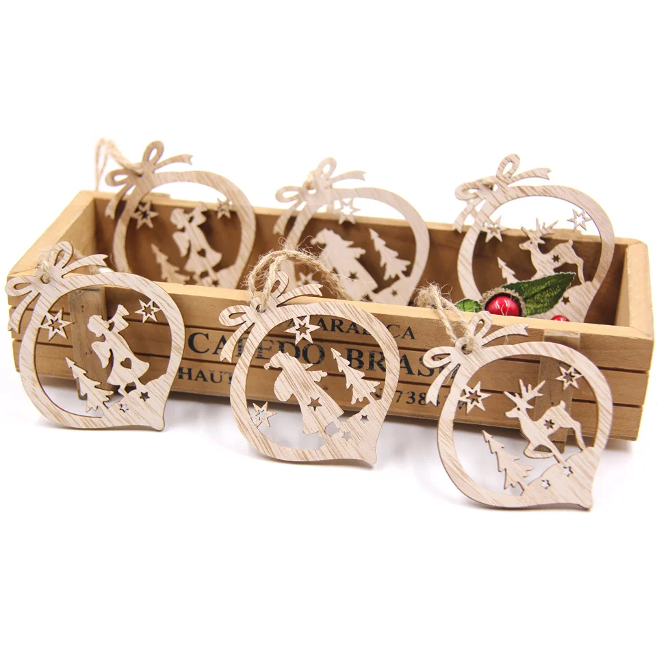 6PCS Christmas Wooden Pendants Creative Hollow Hanging Ornaments for Christmas Tree Decor Kids Gifts DIY Painting