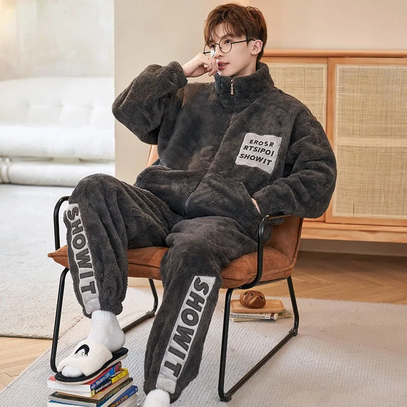 2023 new Autumn and Winter Loungewear Coral Velvet Pajamas Men's Thickened Plush sleepwear Warm Zipper Set Casual Homewear