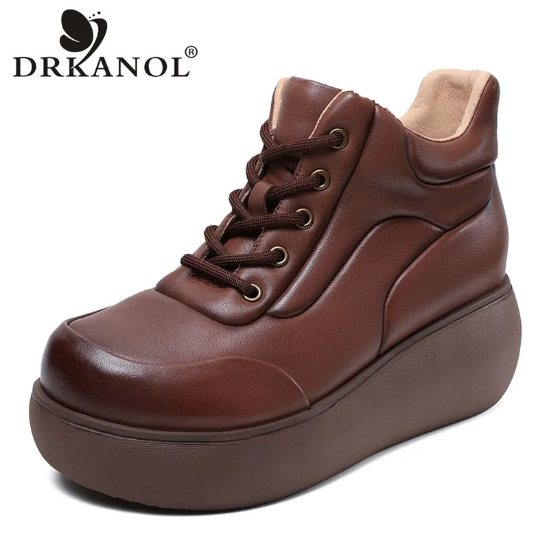 

DRKANOL 2023 High Quality Genuine Leather Platform Boots Women Handmade Retro Wedges Heel Height Increasing Comfort Casual Boots