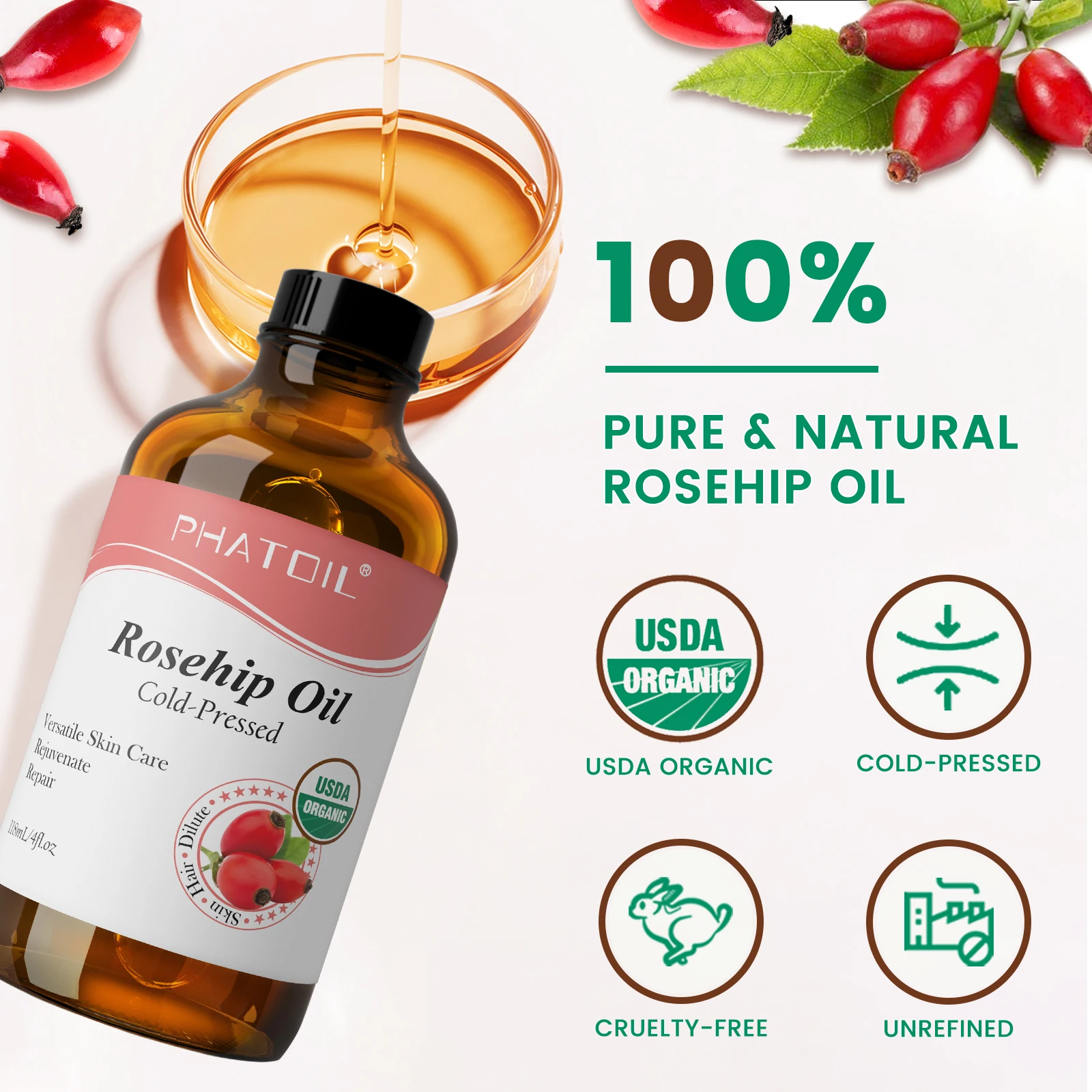 PHATOIL Rosehip Seed Oil - Organic Moisturizing Elixir