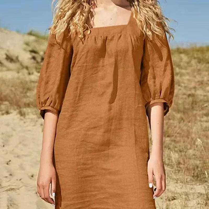 

European and American New French Square Neck Cotton Linen Dress with 5/4 Sleeves Casual Loose Short Skirt for Women