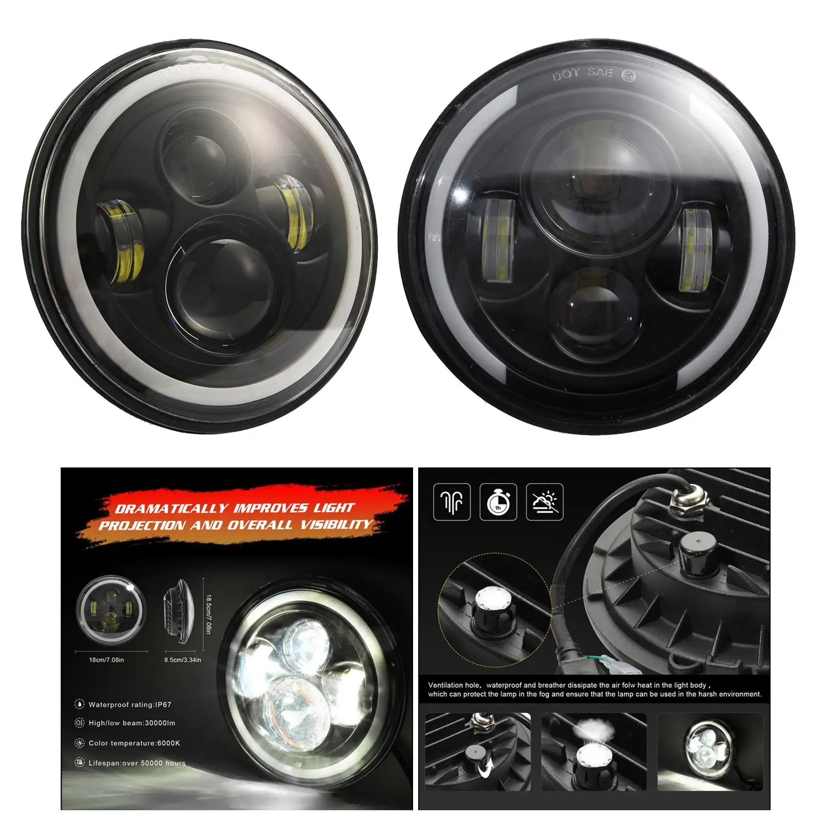 원형 LED 헤드라이트, JK 4 문짝 5 8 7 용 헤드라이트 빔, 7 인치, 200W