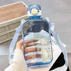 Transparent Flat Square Water Bottle with Adjustable Strap - Sleek and Portable for Travel and Outdoor Activities (Style 2 Blue)
