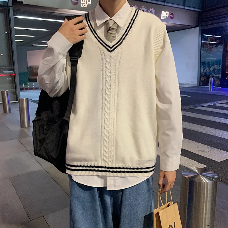 Men 2022 Spring Autumn New Solid Color Sweater Vest Men's V-neck Knitted Sleeveless Tops Male Loose Pullover Waistcoat A461