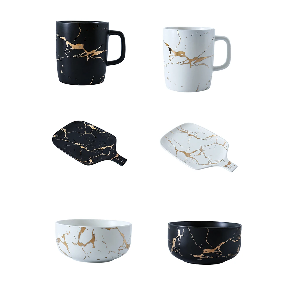 Gold Marble Glazes Ceramic Party Tableware Set Porcelain Breakfast Plates Dishes Noodle Bowl Coffee Mug Cup For Decoration ceramic tableware set