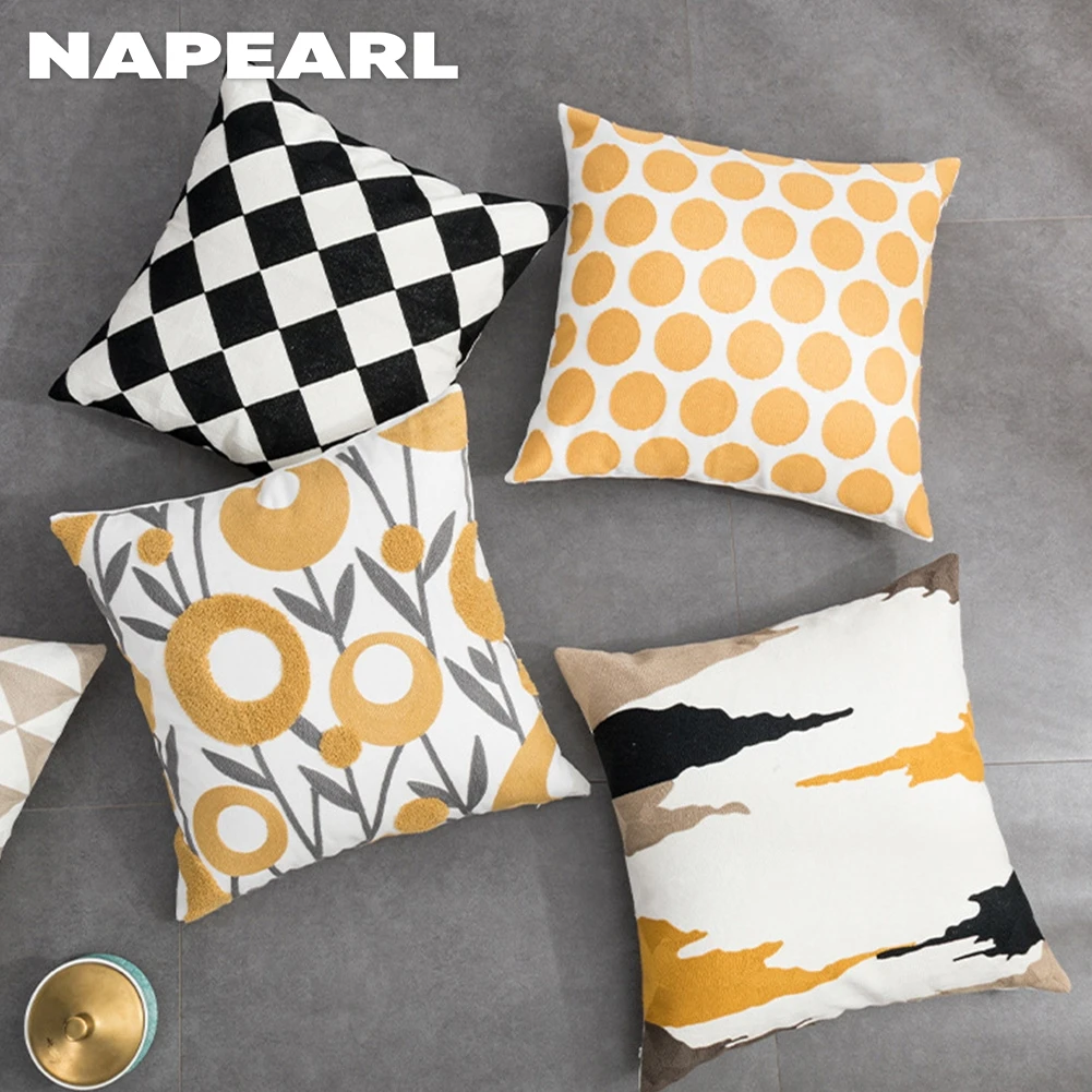 

NAPEARL Embroidery Yellow Flower Plaid Geometric Pillow Covers Throw Pillow Cases Sofa Cushion Covers 45x45cm