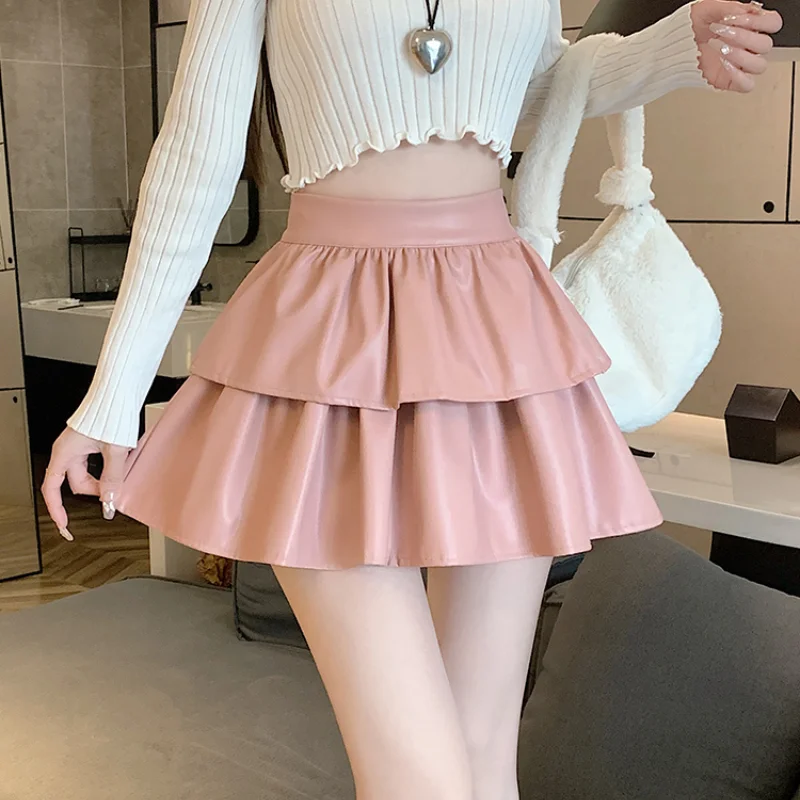 

Korean Pink Cute High Waist Pleated Mini Skirt Women 2023 New Autumn Winter Leather Skirt Female Kawaii Casual Short Skirts