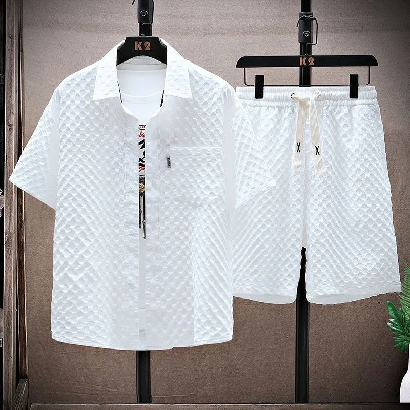 

Mens Short Sets Shirts And Shorts Checkered Thin Casual Summer Ice Men's Ruffian Handsome Trendy Two Piece Set Clothes Men Khaki
