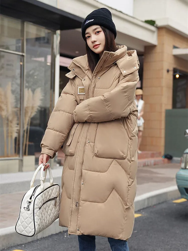 

Winter Coat Women's Solid Color Hooded New Thickened Parker Top Zipper Pocket Long Jacket Fashion Loose Female Clothing ZM022