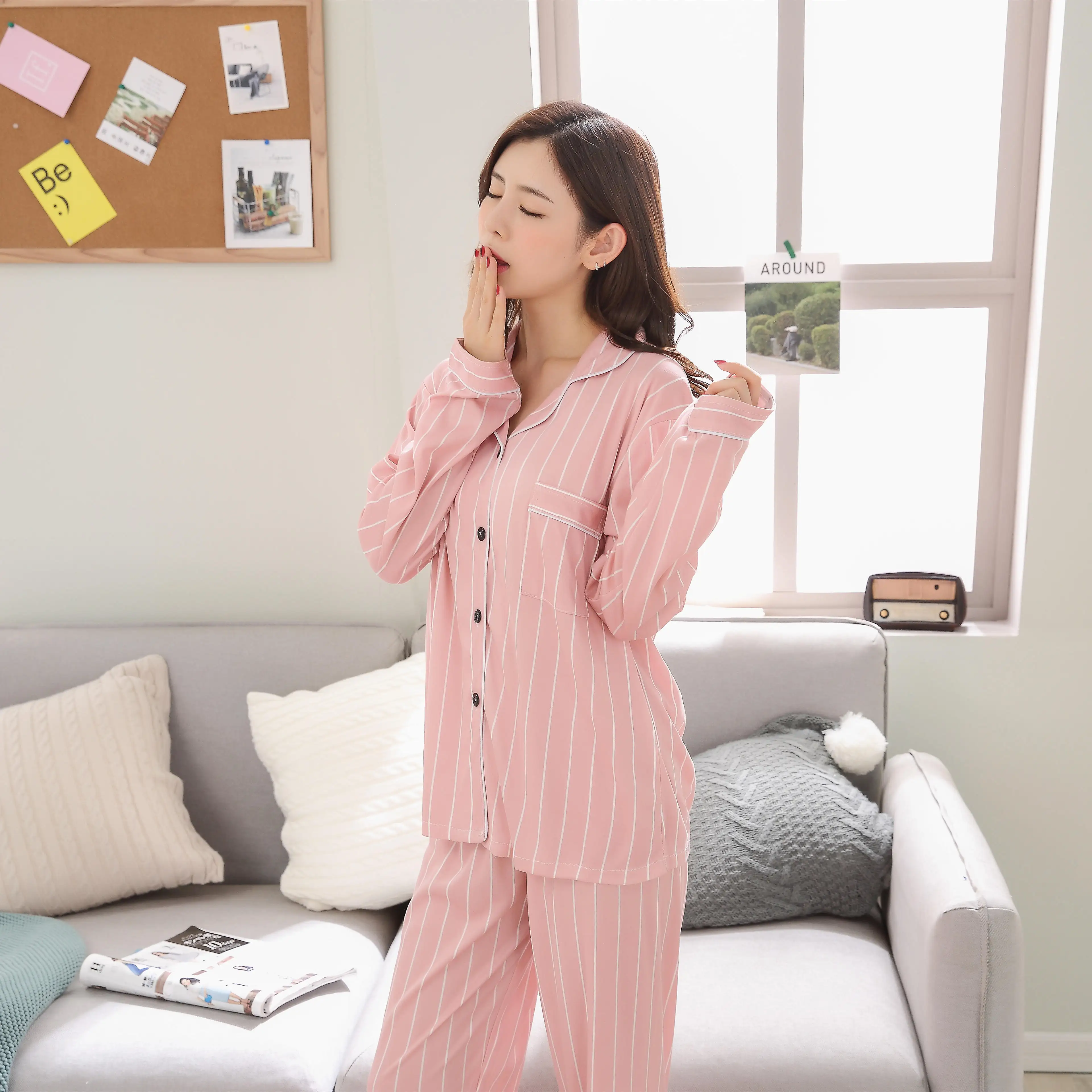 Women Nightwear Sets WAVMIT Women Pajama Set Solid Color Stripes Pyjama Set Long Sleeve Sleepwear Top Long Pant