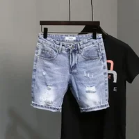 Trendy Blue Denim Shorts For Men Casual Style Slim Fit Korean Version Ripped Pockets Summer Lightweight Trousers