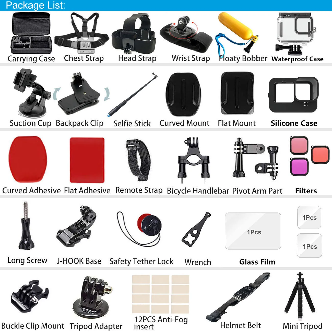 Kit accessoires caméra action 13 pièces blanc/noir