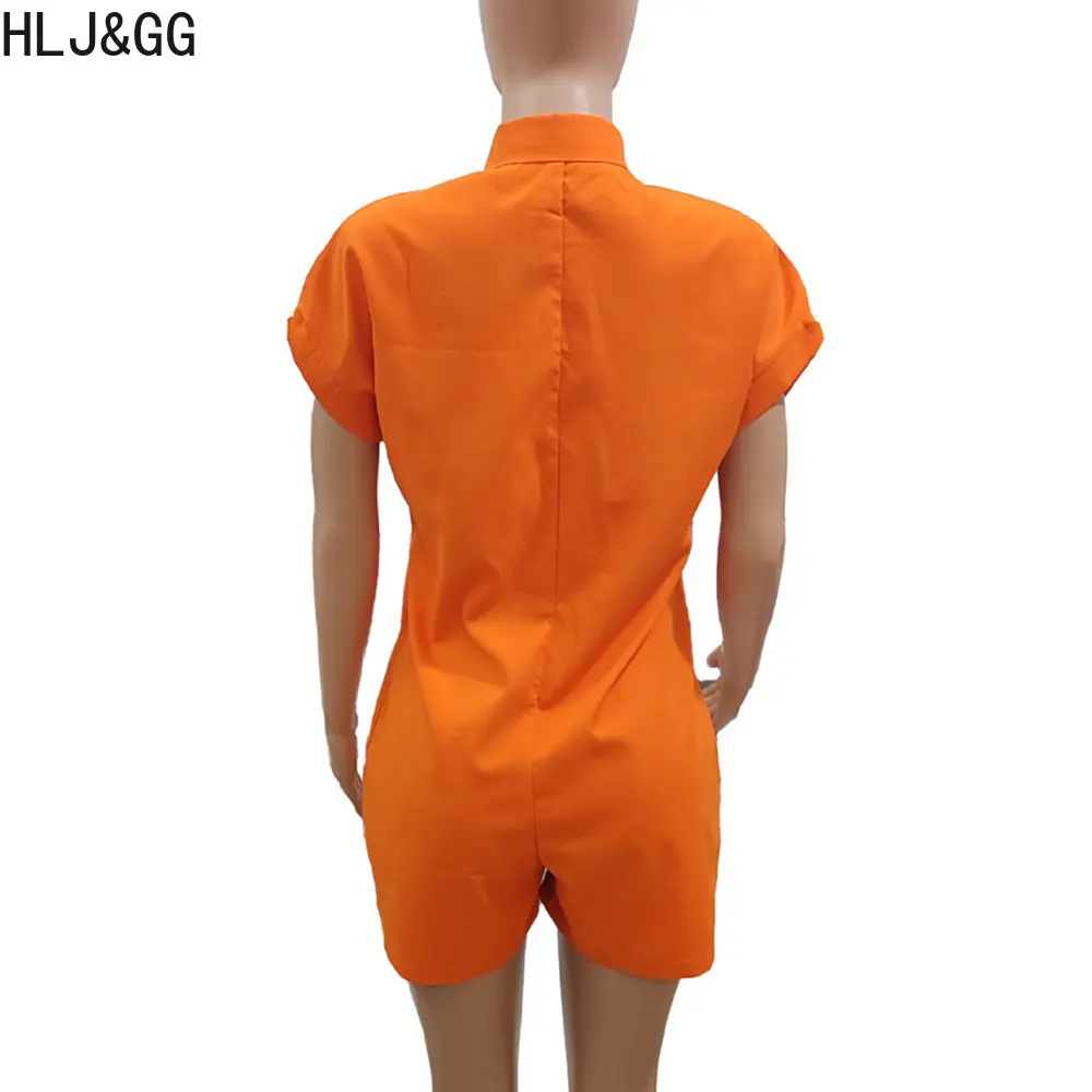 HLJ&GG Casual Solid Color Button Rompers Women Turndown Collar Short Sleeve Shirt Jumpsuit Elegant Office Lady One Piece Overall