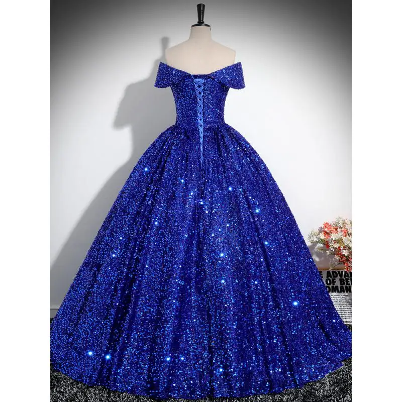 Boat Neck Off-shoulder Quinceanera Dresses Vestidos De 15 Anos Sparkly Sequined Formal Princess Birthday Party Gowns