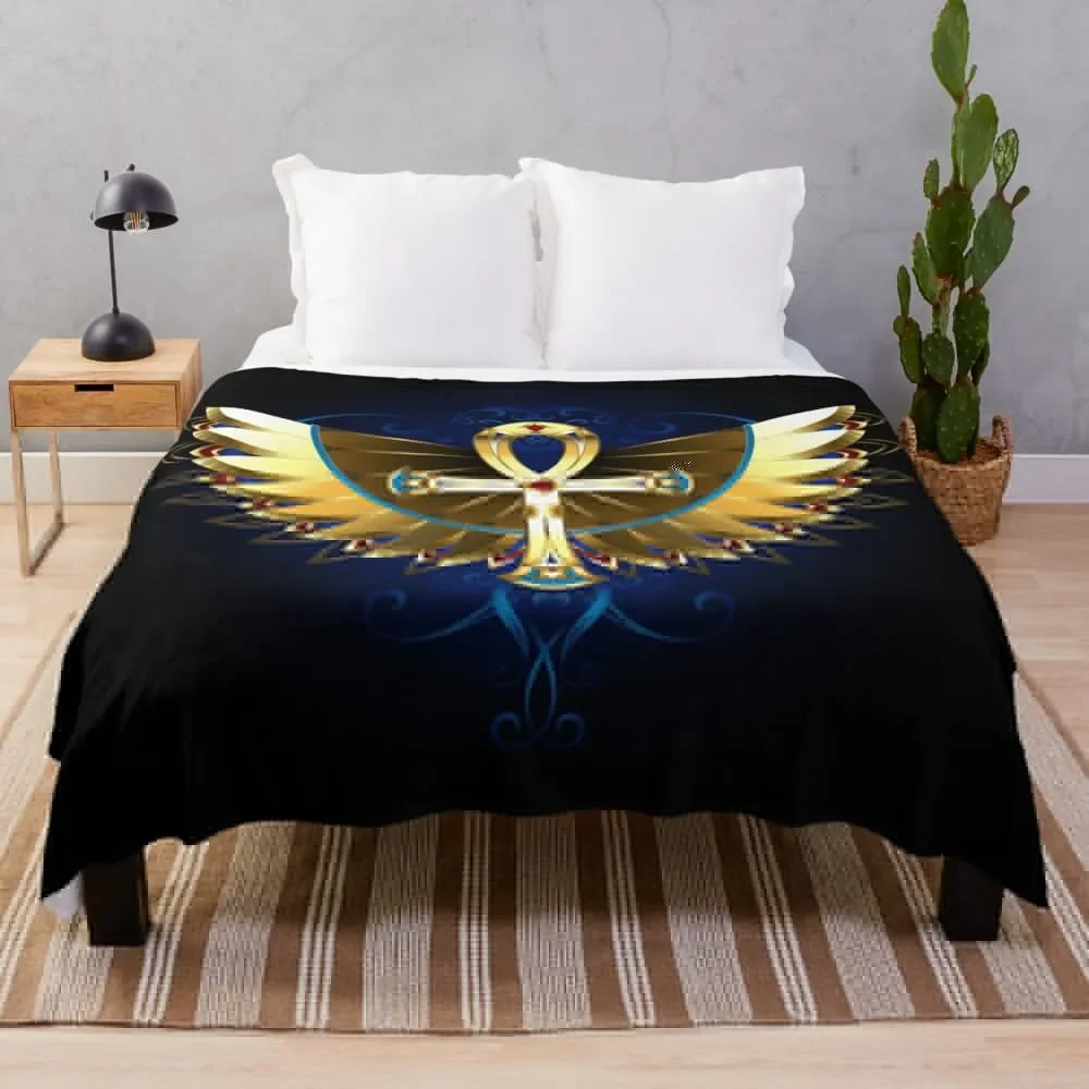 

Gold Ankh with Wings Throw Blanket Bed covers Thermal Blankets