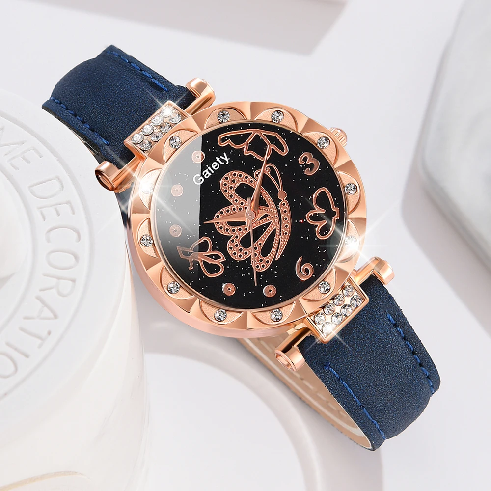 5PCS Blue Women Watch Fashion Light Luxury Butterfly Element Dial Quartz Wristwatch Leather Strap Watch Jewelry Set Gift For Her 4