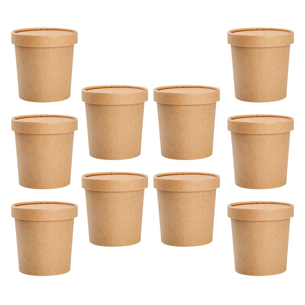 10Sets Disposable Kraft Soup Cups Pulp PECoated Mini Paper Meal Containers Lid PorridgeSoupIceCream LightweightPortableReusable