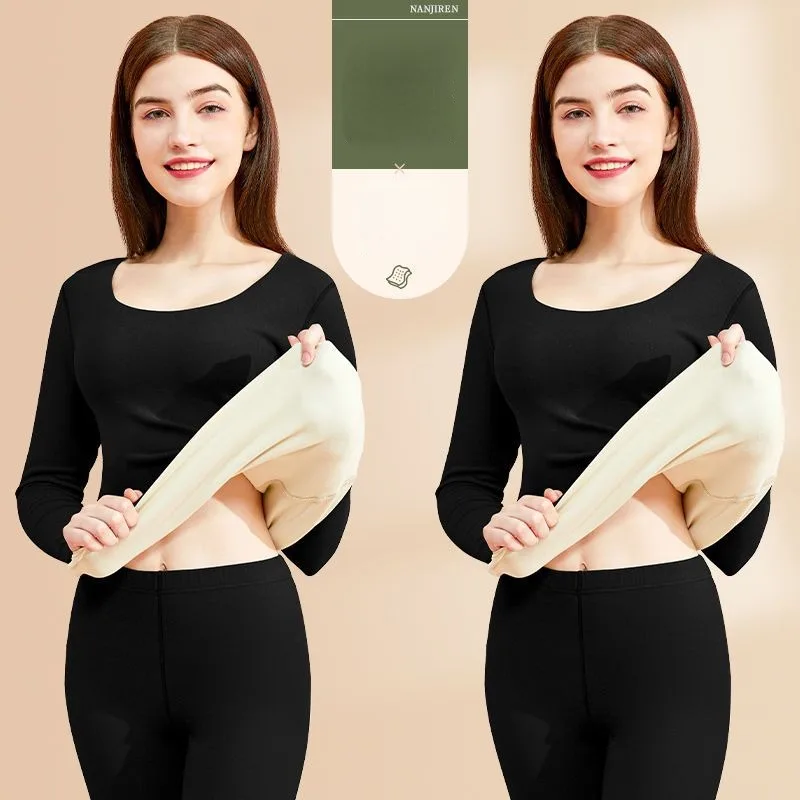 2023 New De Rong Thermal Underwear Women Traceless Plush Brushed Bottom Shirt Thickened Autumn Clothes Autumn Trousers Set