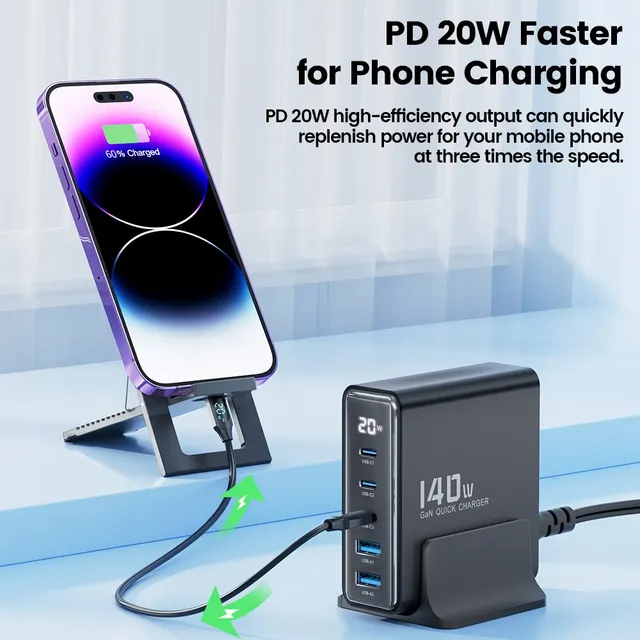 Toocki 140W GaN USB Charger 5in1 Desktop Fast Charge USB Type C Charger LED Display Charger For iPhone Xiaomi Smartphone Laptop 3