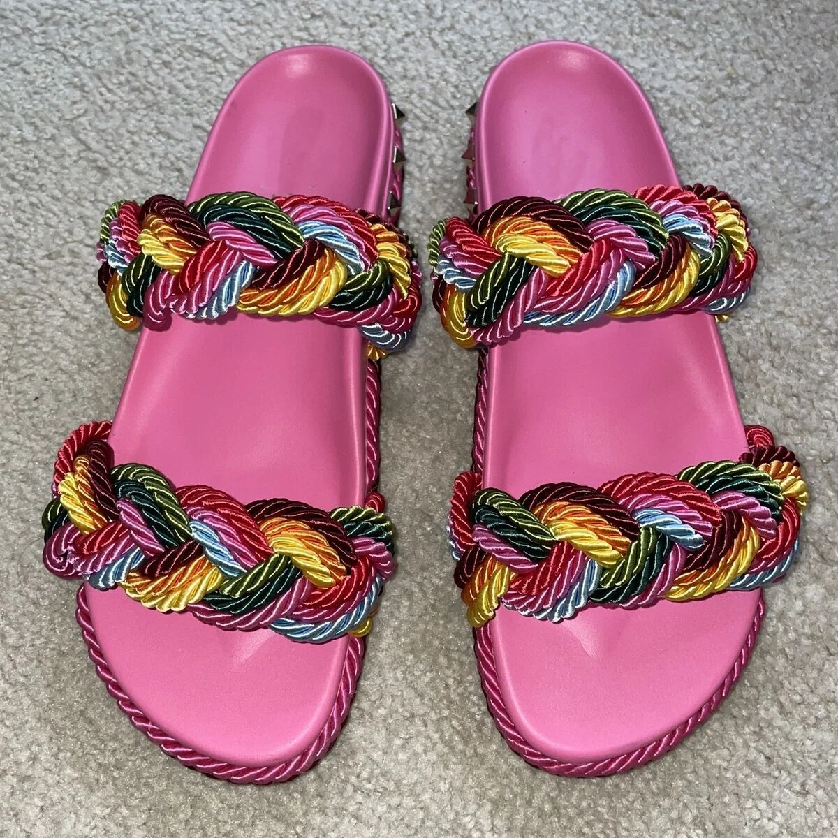 

Multi-Color Hemp Rope Slippers Metallic Rivet Sandals Designer Fashion Style Summer Shoes Slip On Round Toe Sandals for Women