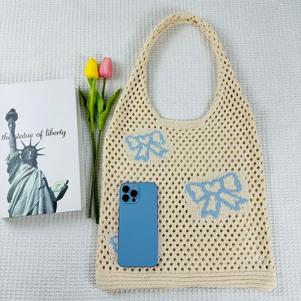 Cute Bow-Knot Pattern Crochet Shoulder Bag Hollow Shopping Bag Mesh Holiday Travel Handbag Summer Beach Handbag for Women