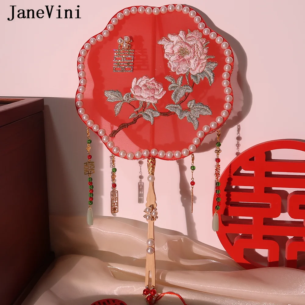 JaneVini Chinese Style Embroidery Flowers Fan Ancient Wedding Bouquets Luxury Pearls Beaded Tassel Bride Hanfu Hand Fan Jewelry