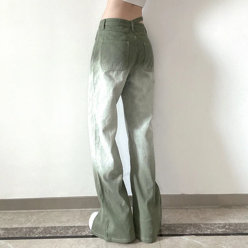 Women 2024 European and American Fashion Personality Asymmetrical Belt Tie-dye Gradient Color Straight Casual Denim Trousers