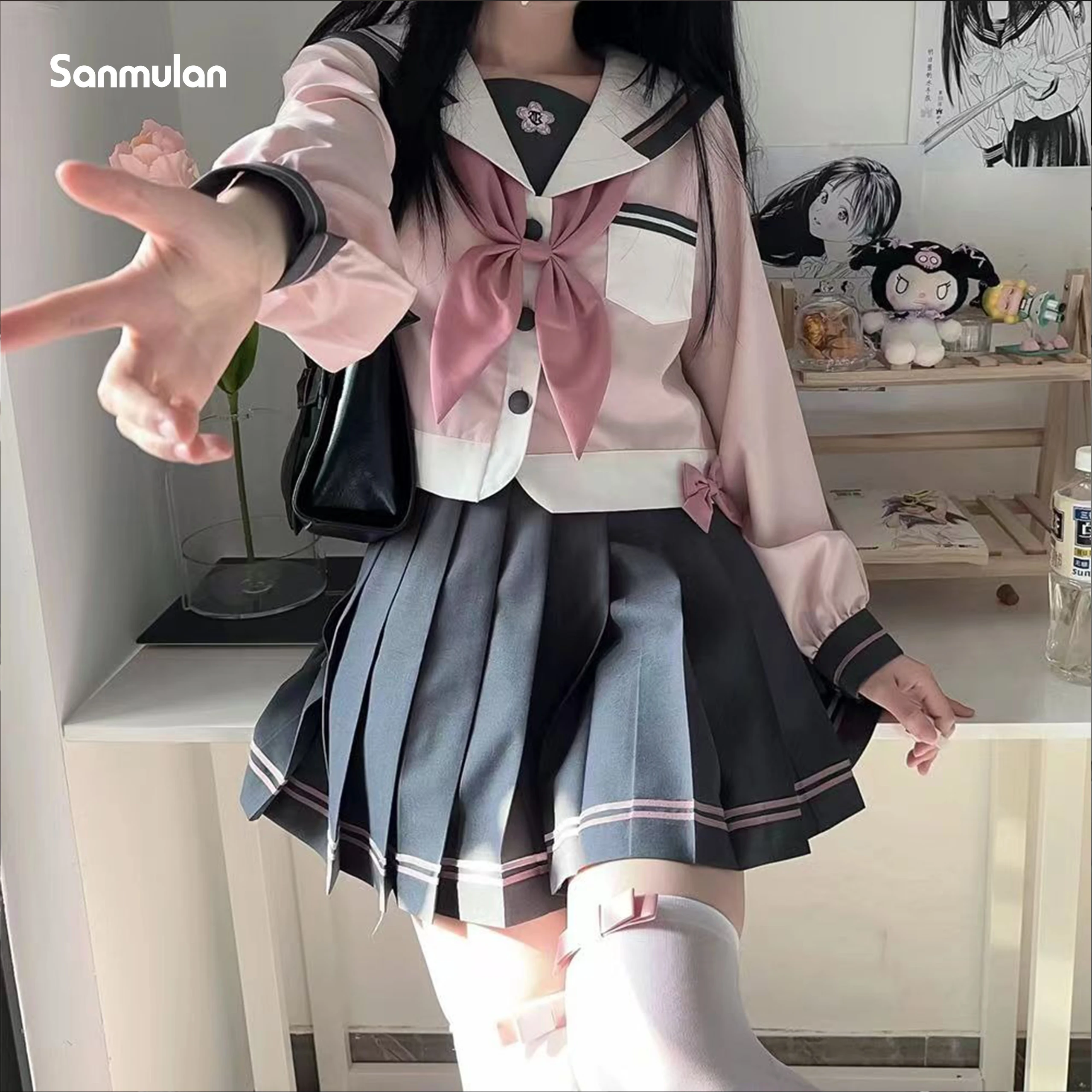 JK Short Skirt Suit Girls Long Sleeve Navy Collar Bow Collegiate Style Sailor Clothes Goldfish Bow Tie