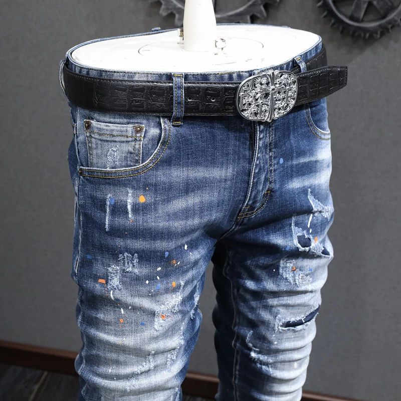 Street Fashion Men Jeans Retro Blue Plain Washed Painted Designer Elastic Slim Fit Ripped Jeans Men Patched Hip Hop Pants Hombre