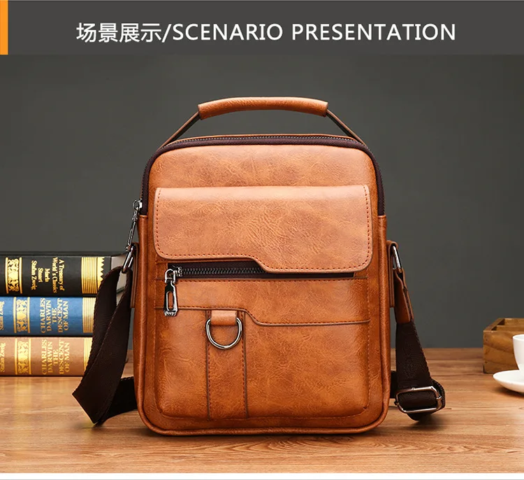 Men Shoulder Bag PU Waterproof Retro Business Fashion Handsome Multi Layered Divided Crossbody Large Capacity Handbags