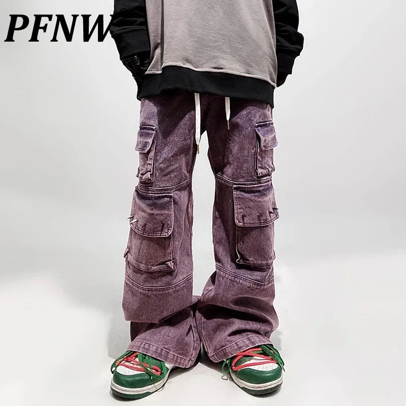 

PFNW Multi Pockets Men's Flared Jeans Vintage Denim Cargo Pants Drawstring Male Overalls High Street 2023 Winter Stylish 28W2506