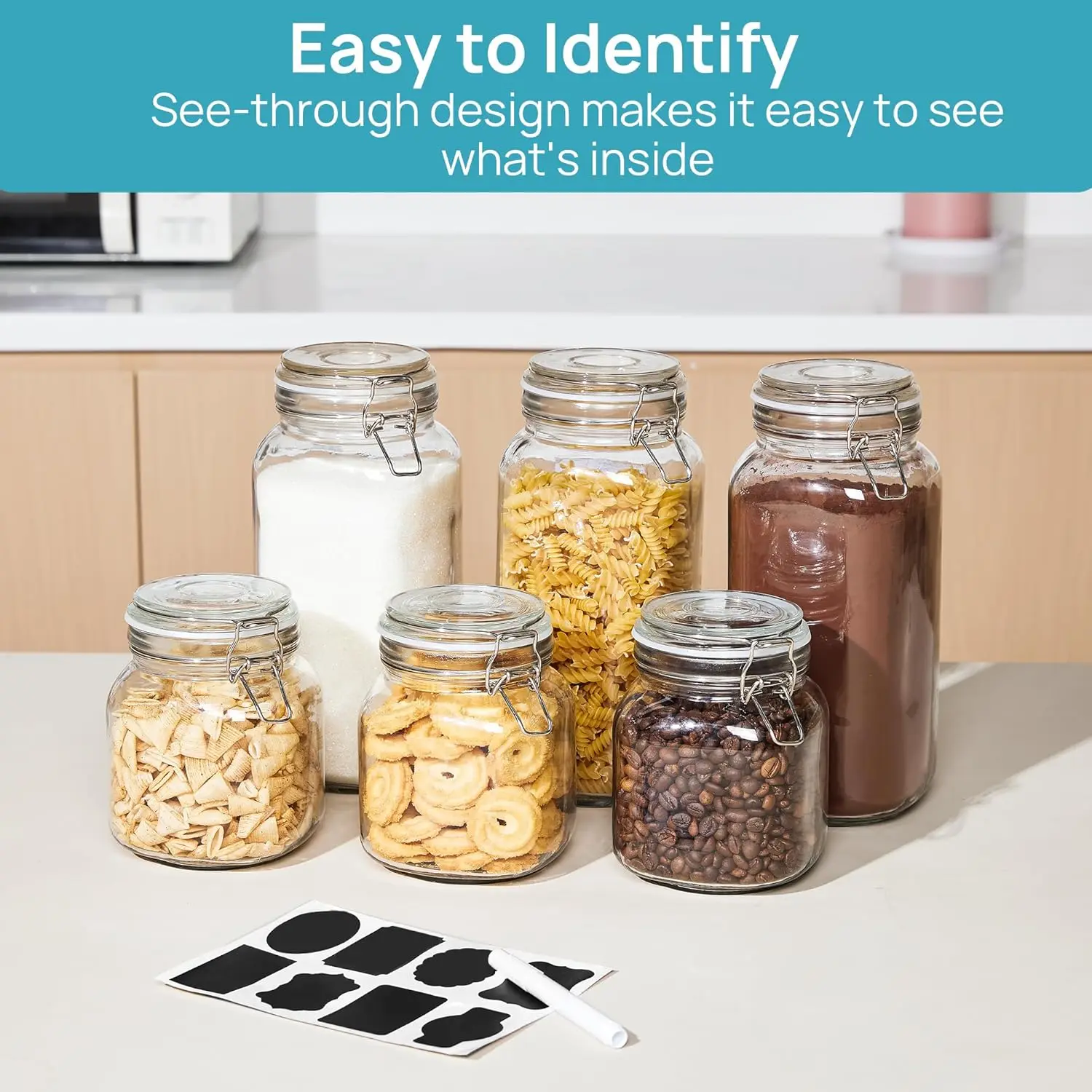 78oz Glass Food Storage Jars with Airtight Clamp Lids, 3 Pack Large Kitchen Canisters for Flour, Cereal, Coffee, Pasta and Canni 6