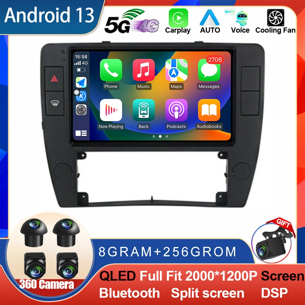 9 "Android 13 Autoradio Multimediale Autoradio Per Vw Passat B5 2000 - 2005 Carplay 4G Gps Rds Hd Recorder 360 Fotocamera No 2 Din Dvd