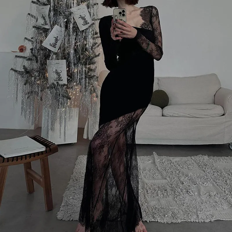 Printed See-Through Black Maxi Dress Women High Waist Lace Slim Mesh Patchwork Sexy Long Dress Party Looks Female Dress