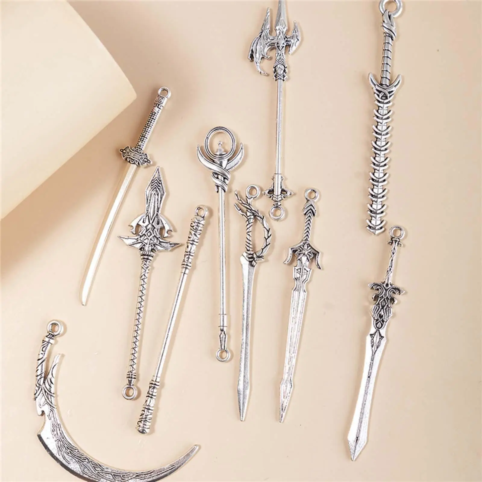 

10x Retro Knight Sword Cosplay Scense Props Set Key Chain Toy Pendants Bookmark for Club Bedroom Household School Living Room