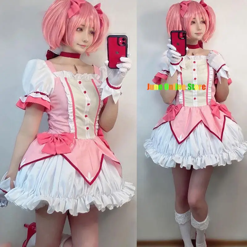 

Puella Magi Madoka Magica Magical Girl Kaname Madoka Cosplay Costume Short Ball Dress With Bowknots Cosplay Costume Wig Gloves