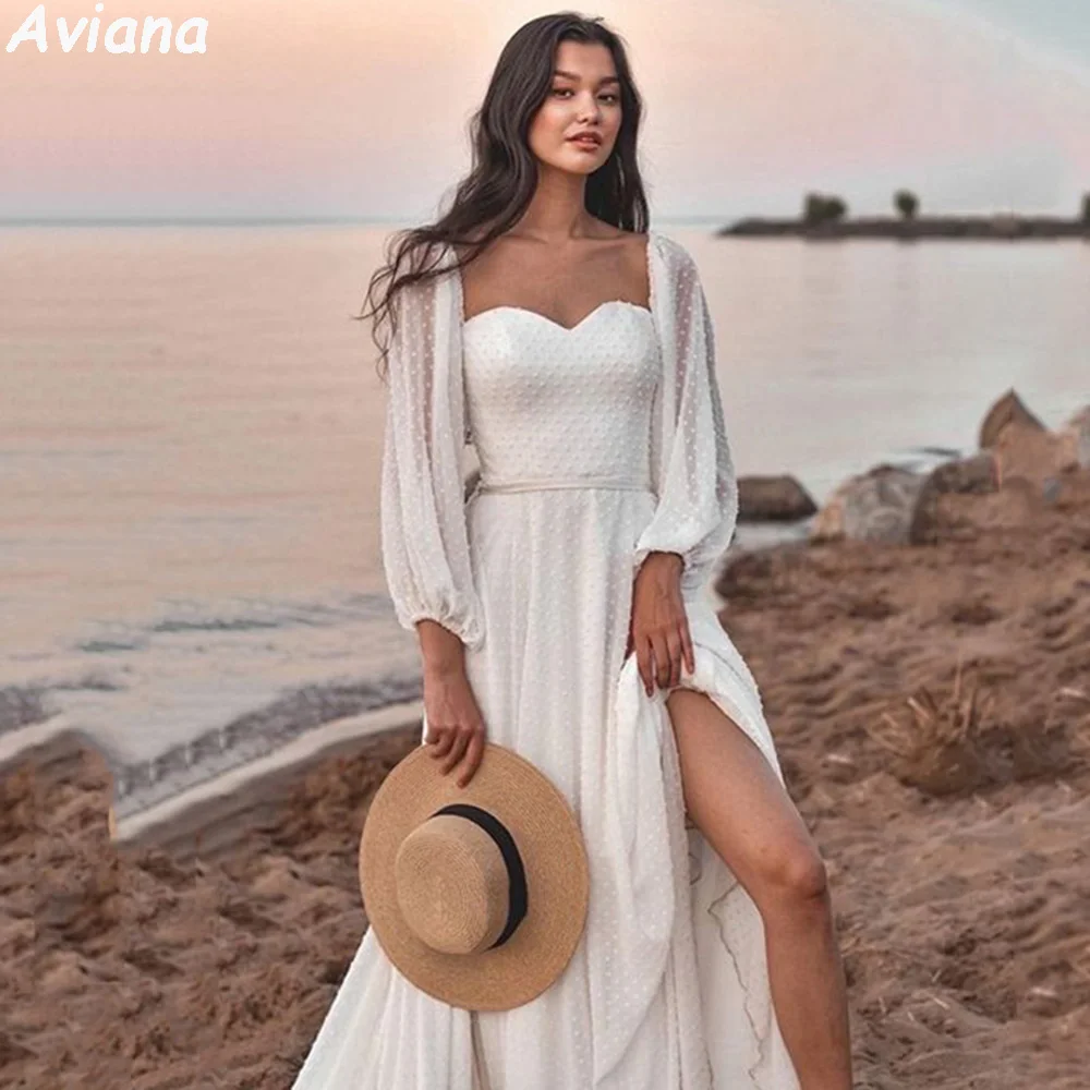 

Aviana Sweetheart Beach A-Line Wedding Dresses Long Puff Sleeves Unique Chiffon Birde Gown Custom Made Women Boho Wedding Dress