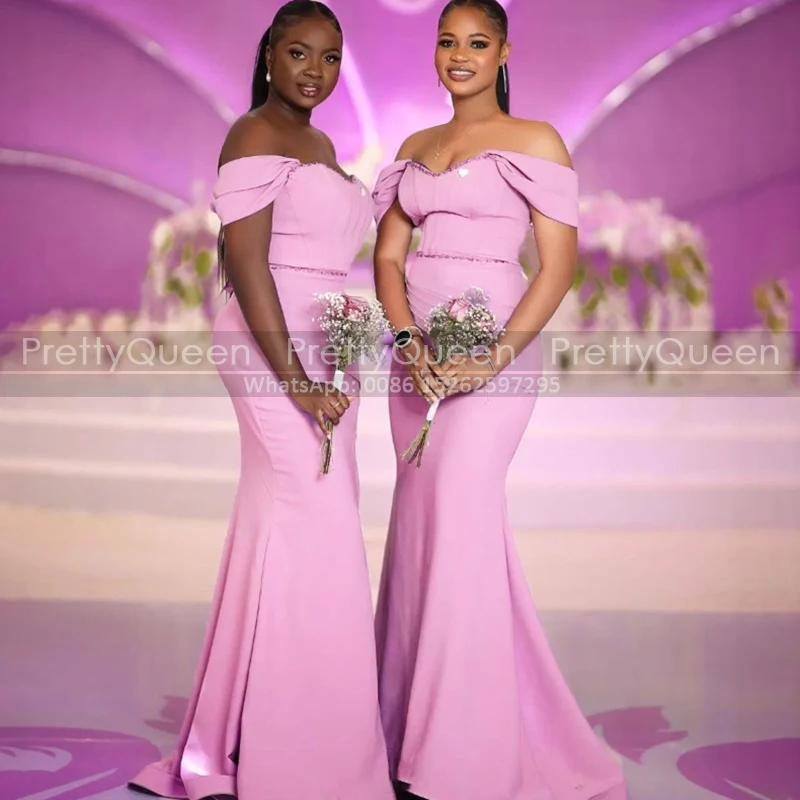 

Shiny Beads Sheath Bridesmaid Dresses Of Shoulder Mermaid Long Pink Wedding Guest Dress Party For Women