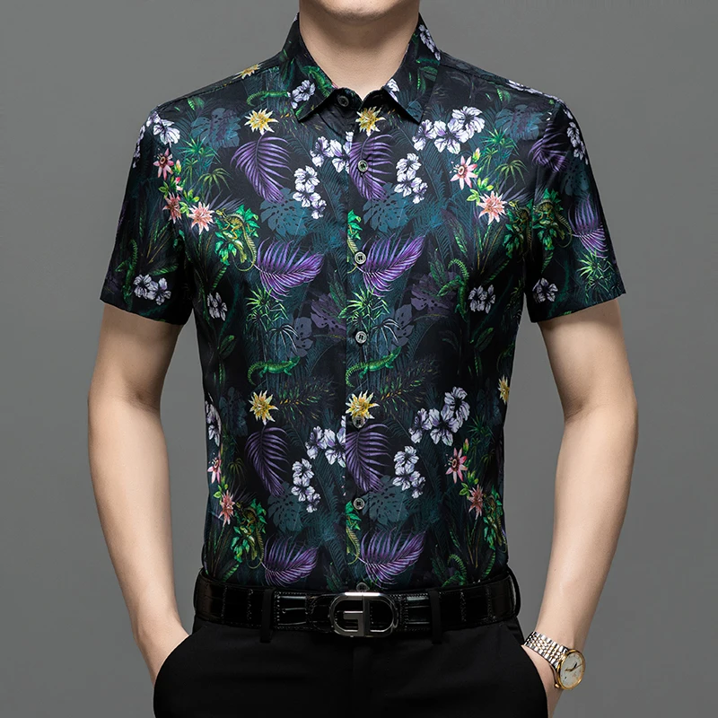 

Mulberry Silk Blend Premium Shirts For Men Short Sleeved Casual Summer Quality Smooth Comfortable Floral Print Camisas De Hombre