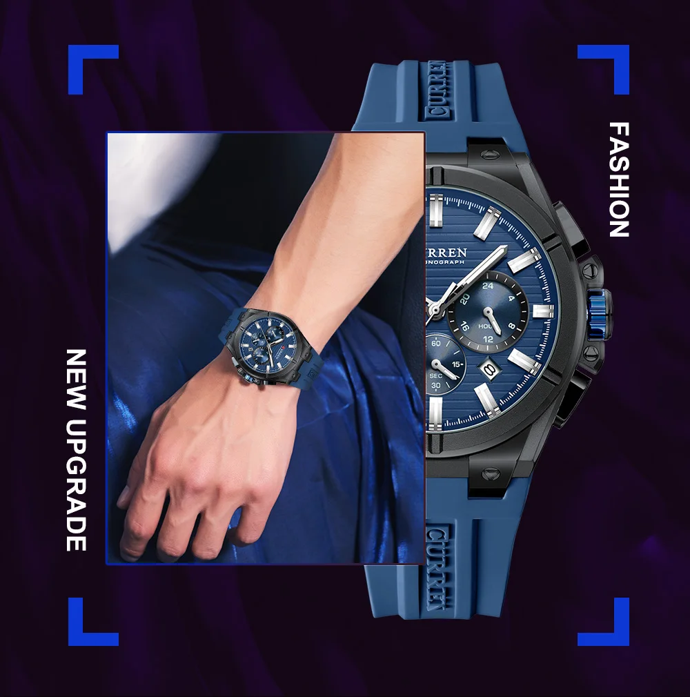 CURREN Moder Design 43mm Watch for Men with 3 Sub-Dials Quartz Movement Casaul Silicone Strap Wristwatch Luminous Hands and Date