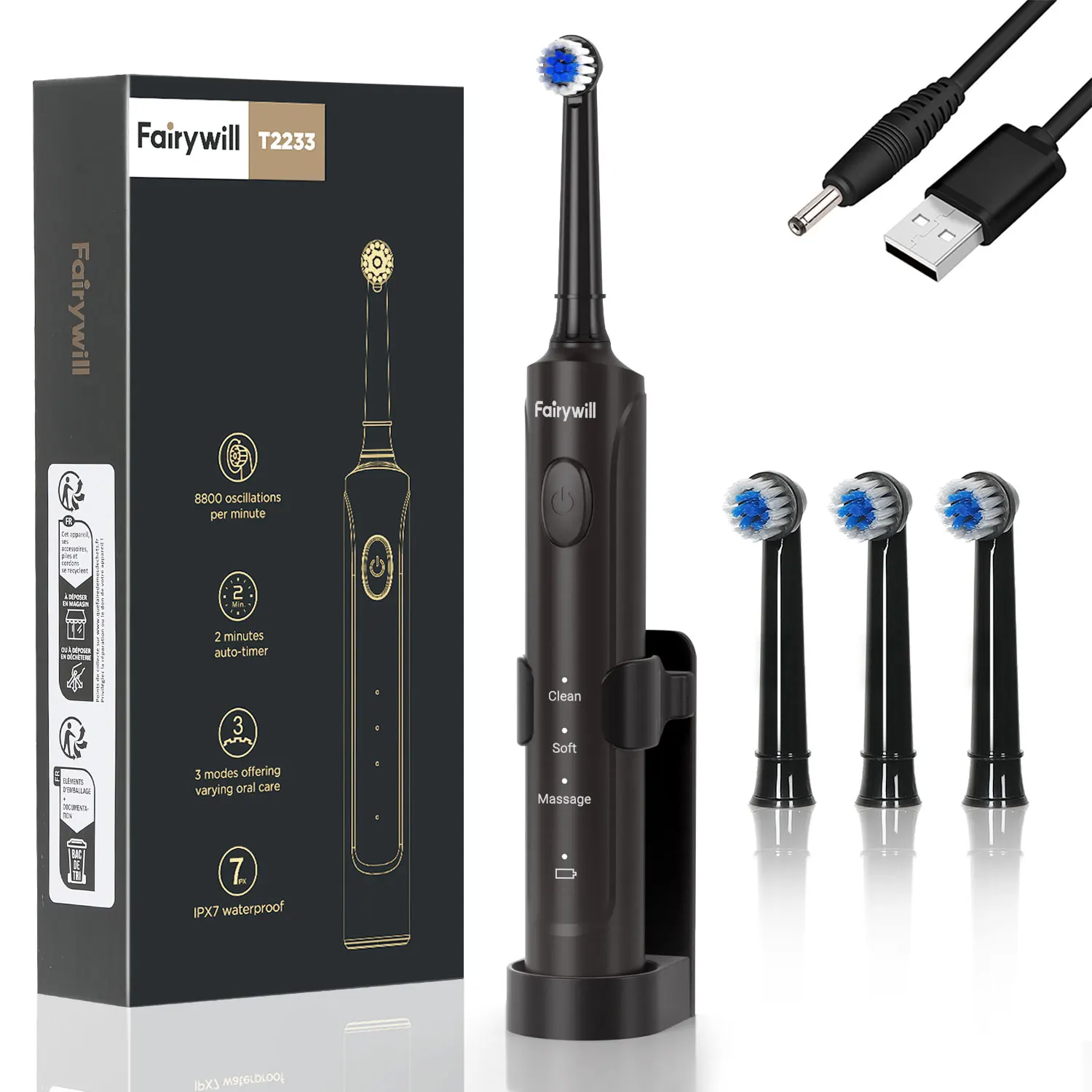 Fairywill Electric Toothbrush T2232 T2233Powerful Rotation Cleaning 4 Replacement Heads Rechargeable Sonic Toothbrush for Adults 1