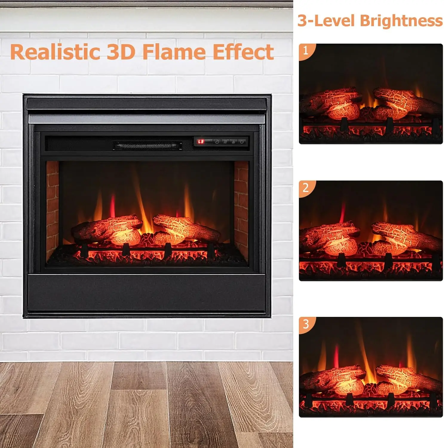 Electric Fireplace Insert 26-inch Wide 1400W Recessed and Freestanding Fireplace Heater with Remote Control 3-Level Flame 4