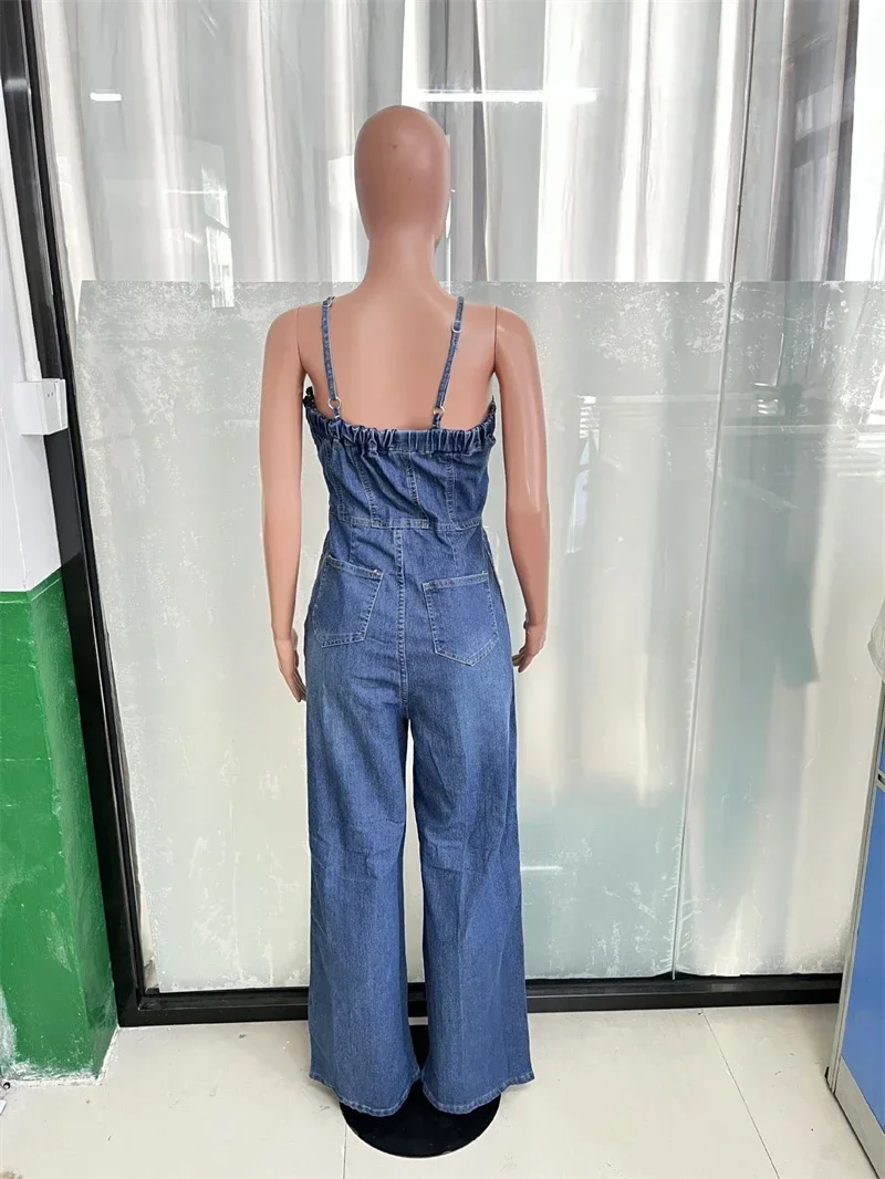 Streetwear Jean Spaghetti Strap Jumpsuits Women Summer Y2K Clothes Button Up Denim Rompers Playsuits One Pieces Overalls Outfits