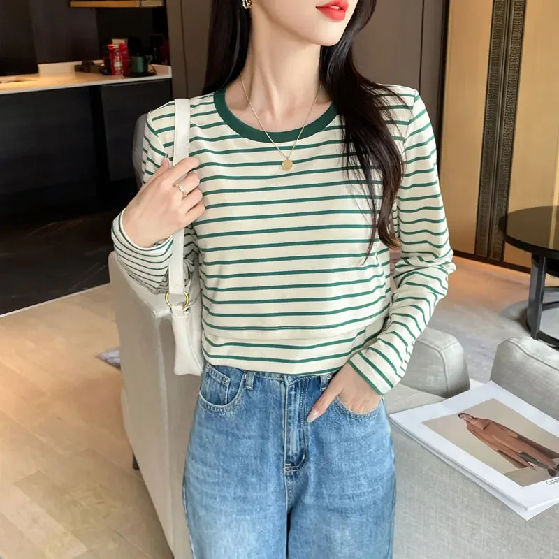 스트라이프 코튼 출산 간호 티셔츠 출산 후 임신 한 여성을위한 캐주얼 긴 소매 모유 수유 티셔츠 Lacation Tops