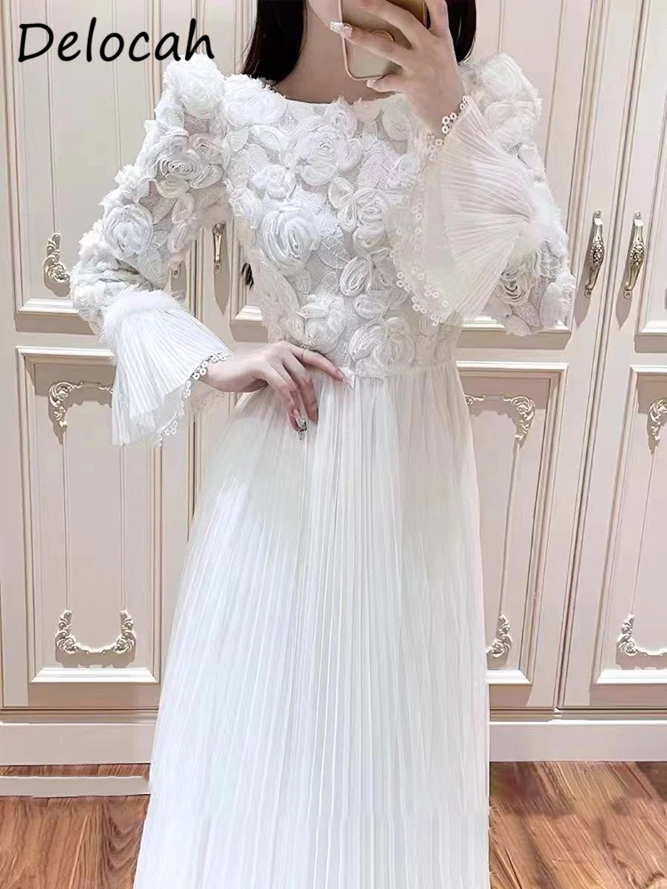 

Delocah High Quality Summer Women Fashion Runway Mesh Dress Flare Long Sleeve Rose Appliques High Waist Big Swing A-Line Dresses