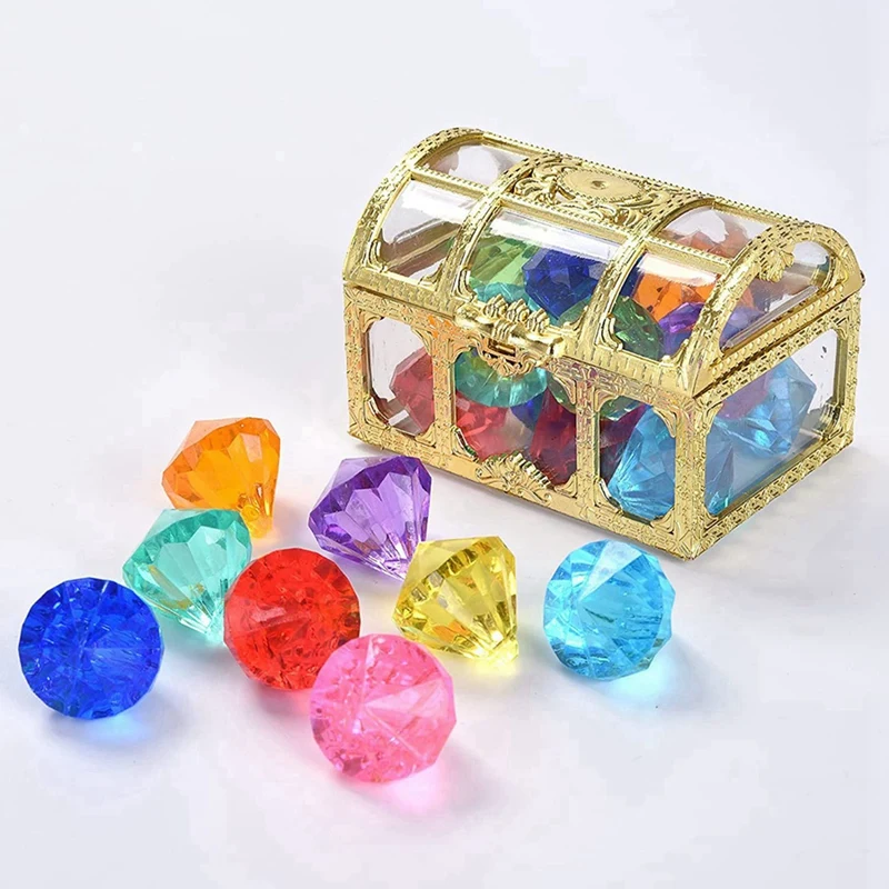 B05B-24Pcs Diving Gem Pool Toys Include Colorful Diamonds Set Dive Toy Treasure Chest Underwater Swimming Toy Gem Pirate Box