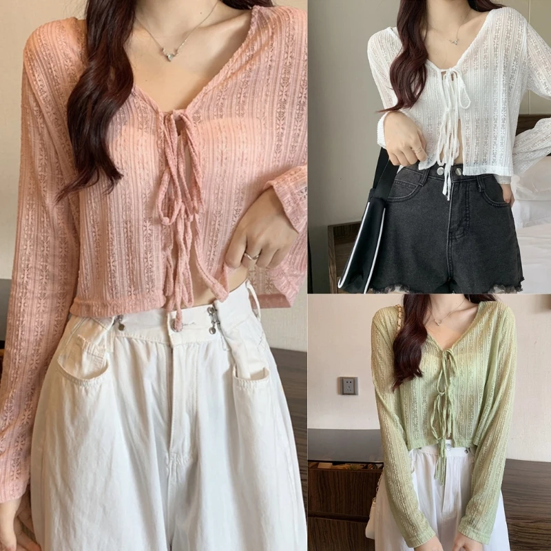 

Lace Up Cardigan Summer Long Sleeve Sunscreen Jackets Lace Shawl Crop Tops