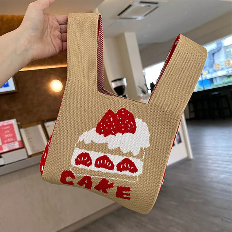 Handmade Knit Handbag Strawberry Pattern Women Knitted Bag