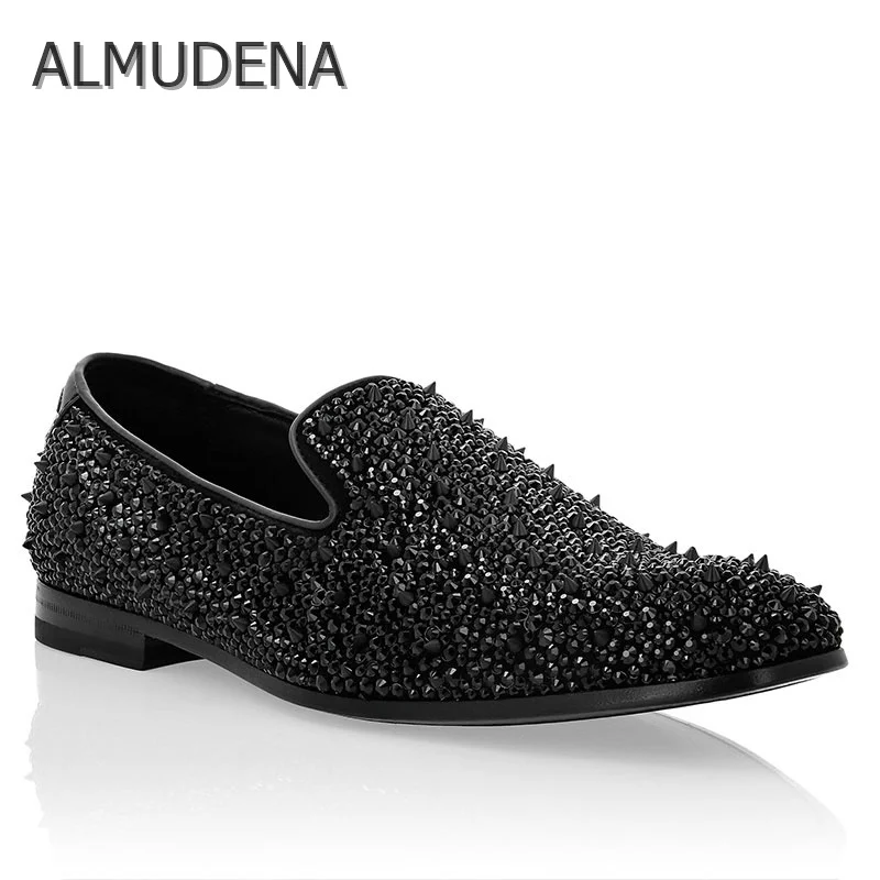 

2022 Newest Fashion Design Men Handmade Studs Spike Black Glitter Loafers Shoes Runway Shining Rivets Party Wedding Shoes